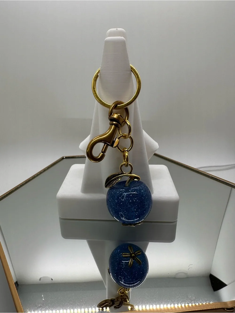 Sparkling Blue Apple Keychain Charm with Gold Tone Hardware